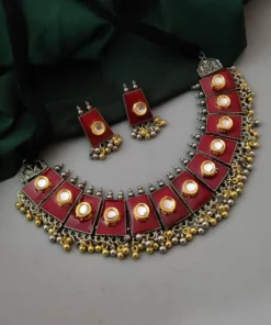 Glamaya Kundan Meenakari Round Polki Necklace Earring Set Red 1 GLAM-CN-KP-16-356815-30-10