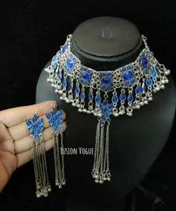 Glamaya Oxidized Afghan Choker Necklace Earring Set 3 GLAM-CN-OX-21F4-903027-35-7