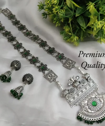 Glamaya Silver Lookalike German Silver Long Necklace Earring Set Green 1 GLAM-CN-OX-21F4-355851-35-7