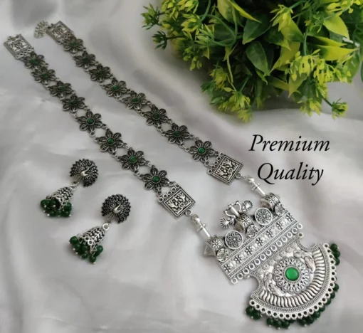 Glamaya Silver Lookalike German Silver Long Necklace Earring Set Green 1 GLAM-CN-OX-21F4-355851-35-7