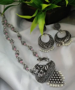 Glamaya Oxidized Long Radha Krishna Stone Temple Necklace Earring Set 5 GLAM-CN-ST-22-052211-35-5 Glamaya Oxidized Long Radha Krishna Stone Temple Necklace Earring Set 5 GLAM-CN-ST-22-052211-35-5