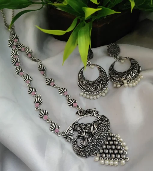 Glamaya Oxidized Long Radha Krishna Stone Temple Necklace Earring Set 5 GLAM-CN-ST-22-052211-35-5 Glamaya Oxidized Long Radha Krishna Stone Temple Necklace Earring Set 5 GLAM-CN-ST-22-052211-35-5