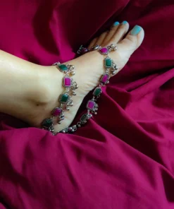 Glamaya Oxidized Pink Green Stone Premium Antique Anklet 3 GLAM-AN-ST-30-447487-49-5