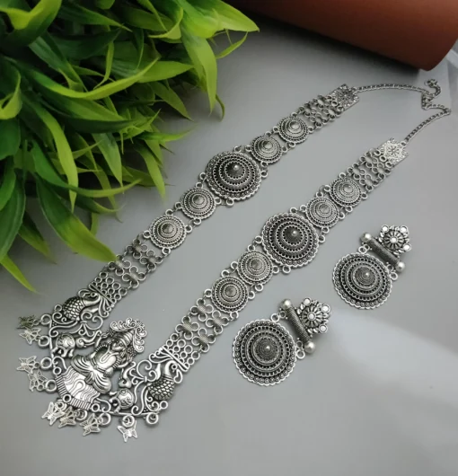 Glamaya Oxidized Long Chain Silver Plated Temple Necklace Earring Set 1 GLAM-CN-OX-14F4-770779-22-9