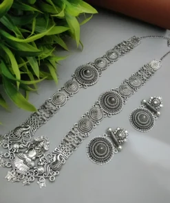 Glamaya Oxidized Long Chain Silver Plated Temple Necklace Earring Set 1 GLAM-CN-OX-14F4-770779-22-9