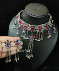 Glamaya Oxidized Afghan Choker Necklace Earring Set 2 GLAM-CN-OX-21F4-903027-35-7