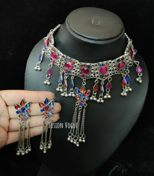 Glamaya Oxidized Afghan Choker Necklace Earring Set 2 GLAM-CN-OX-21F4-903027-35-7 Glamaya Oxidized Afghan Choker Necklace Earring Set 2 GLAM-CN-OX-21F4-903027-35-7