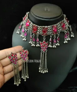 Glamaya Oxidized Afghan Choker Necklace Earring Set 1 GLAM-CN-OX-21F4-903027-35-7