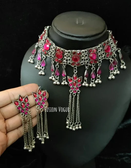 Glamaya Oxidized Afghan Choker Necklace Earring Set 1 GLAM-CN-OX-21F4-903027-35-7