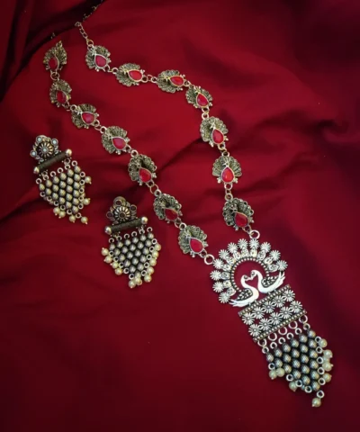 Glamaya Premium Quality Silver Lookalike Peacock Long Necklace Earring Set 2 GLAM-CN-OX-33-599630-60-5