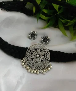Glamaya Oxidized Thread Choker Necklace Earring Set 1 GLAM-CN-TH-40-723256-71-2