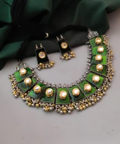 Glamaya Kundan Meenakari Round Polki Necklace Earring Set Green 1 GLAM-CN-KP-32-798552-60-5