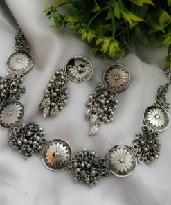 Glamaya Oxidized Silver Lookalike Ghungroo Choker Necklace Earring Set 1 GLAM-CN-OX-50-357595-82-2