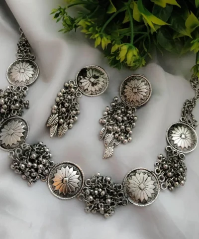Glamaya Oxidized Silver Lookalike Ghungroo Choker Necklace Earring Set 1 GLAM-CN-OX-50-357595-82-2