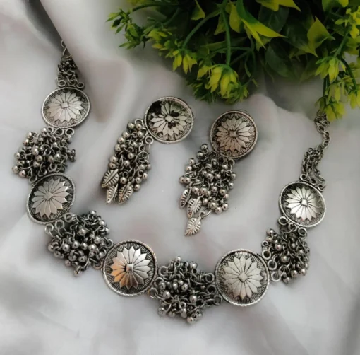 Glamaya Oxidized Silver Lookalike Ghungroo Choker Necklace Earring Set 1 GLAM-CN-OX-50-357595-82-2