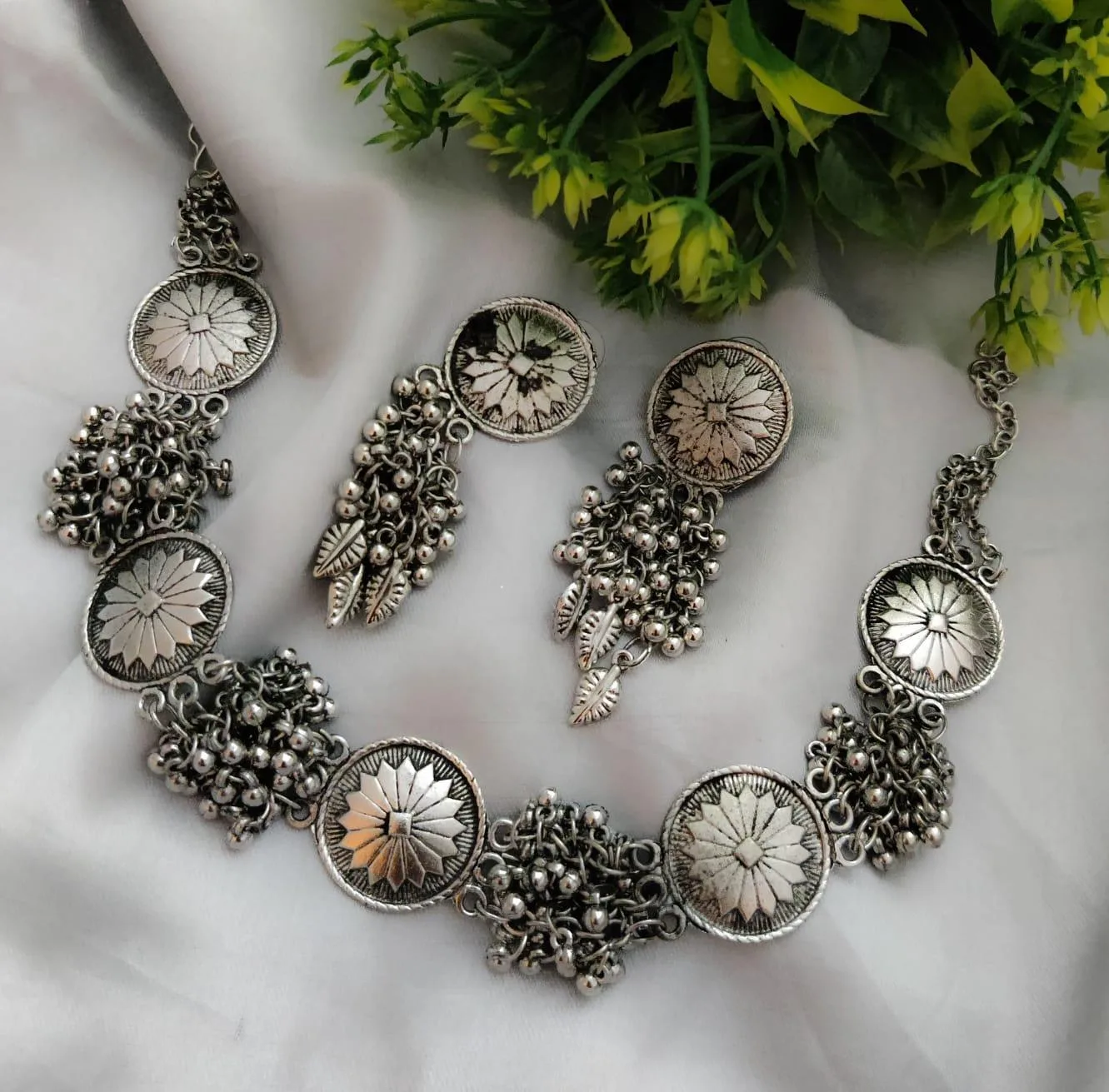 Oxidized Silver Lookalike Ghungroo Choker Necklace Earring Set