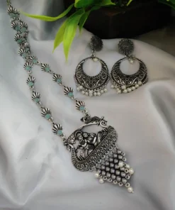 Glamaya Oxidized Long Radha Krishna Stone Temple Necklace Earring Set 1 GLAM-CN-ST-22-052211-35-5
