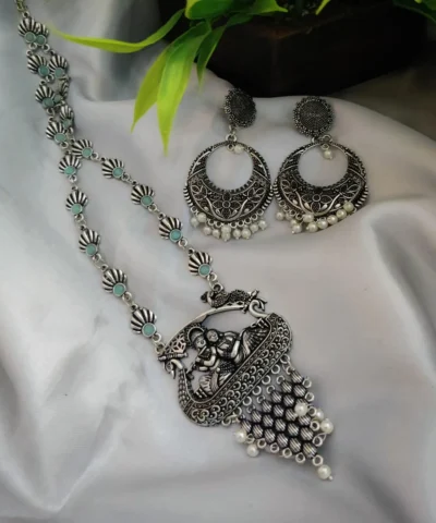 Glamaya Oxidized Long Radha Krishna Stone Temple Necklace Earring Set 1 GLAM-CN-ST-22-052211-35-5