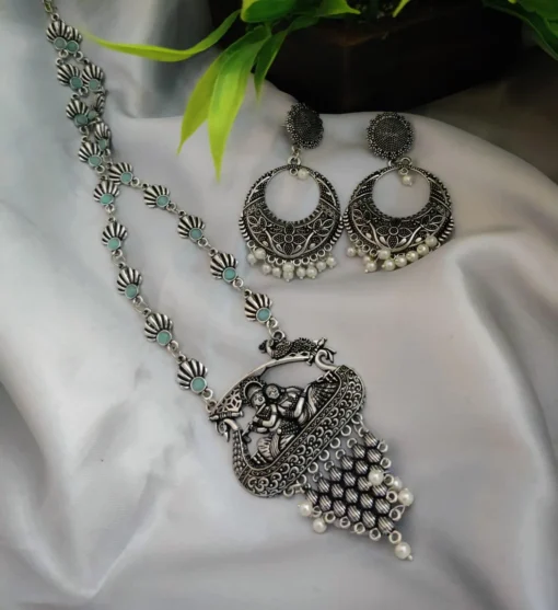 Glamaya Oxidized Long Radha Krishna Stone Temple Necklace Earring Set 1 GLAM-CN-ST-22-052211-35-5