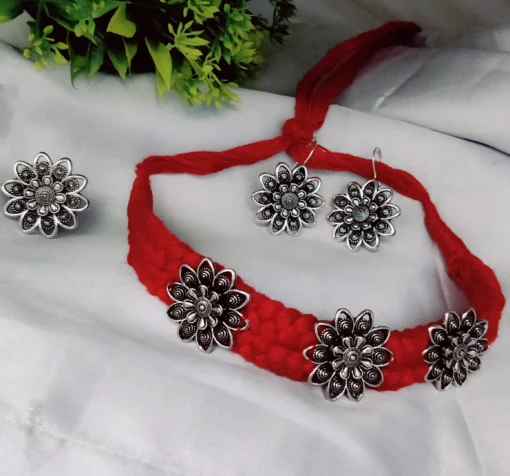 Glamaya Thread Mania Oxidized Thread Choker Necklace Earring Ring Combo Set 1 GLAM-CN-TH-65-789485-99-2