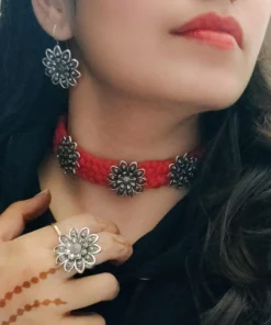 Glamaya Thread Mania Oxidized Thread Choker Necklace Earring Ring Combo Set 2 GLAM-CN-TH-65-789485-99-2