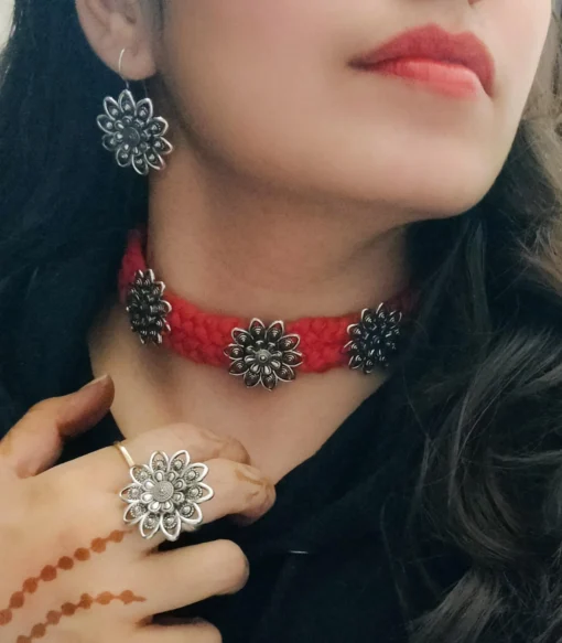Glamaya Thread Mania Oxidized Thread Choker Necklace Earring Ring Combo Set 2 GLAM-CN-TH-65-789485-99-2 Glamaya Thread Mania Oxidized Thread Choker Necklace Earring Ring Combo Set 2 GLAM-CN-TH-65-789485-99-2