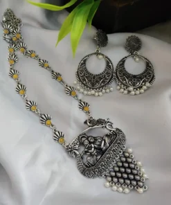Glamaya Oxidized Long Radha Krishna Stone Temple Necklace Earring Set 4 GLAM-CN-ST-22-052211-35-5