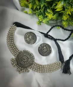 Glamaya Oxidised Silver Plated Choker Necklace Earring Set 1 GLAM-CN-OX-25-463568-41-4