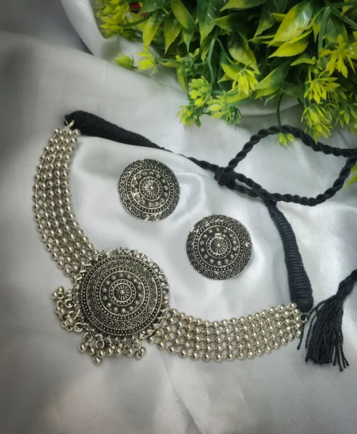 Glamaya Oxidised Silver Plated Choker Necklace Earring Set 1 GLAM-CN-OX-25-463568-41-4