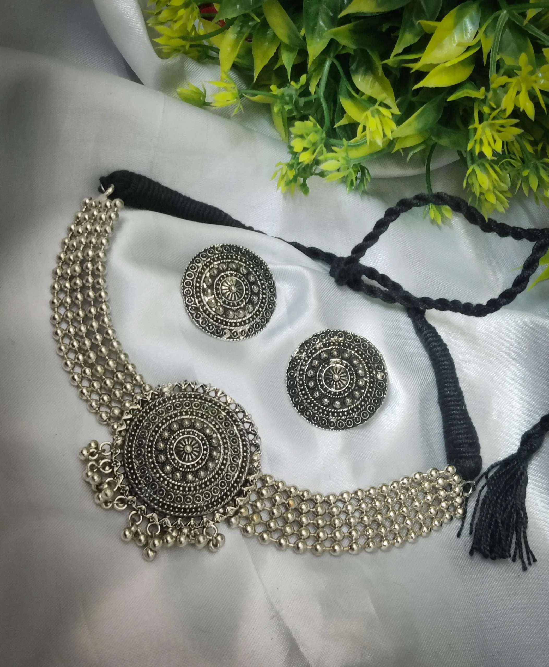Oxidised Silver Plated Choker Necklace Earring Set - Glamaya