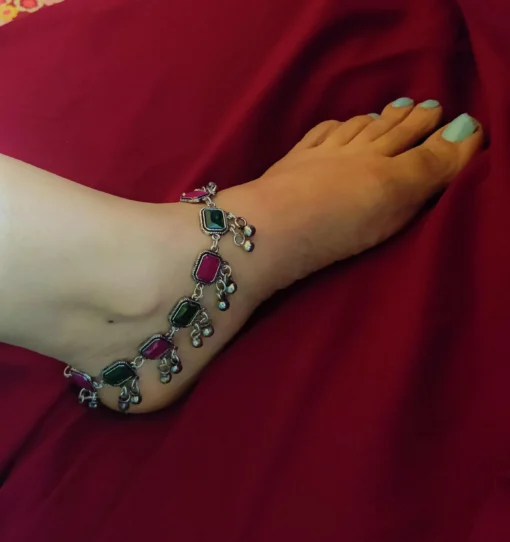 Glamaya Oxidized Pink Green Stone Premium Antique Anklet 2 GLAM-AN-ST-30-447487-49-5 Glamaya Oxidized Pink Green Stone Premium Antique Anklet 2 GLAM-AN-ST-30-447487-49-5