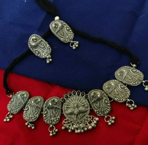 Glamaya Elegant Peacock Choker Necklace Set - Antique Black Polish Design 1 GLAM-CN-BP-60-463993-89-2