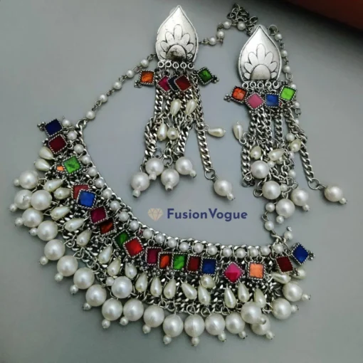 Glamaya Multicolor Afghan Pearl Work Necklace Earring Set 1 GLAM-CN-PE-95-603301-150-2