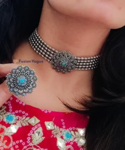 Glamaya Silver Lookalike Brass Oxidized Statement Choker Necklace Earring Set Sky 2 GLAM-CN-BR-22-346997-30-10