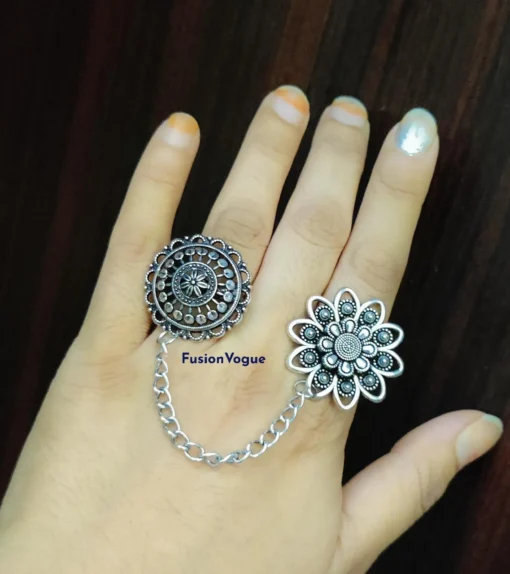 Glamaya Oxidised German Silver Adjustable Chain Finger Ring 1 GLAM-RI-OX-5F7-183769-11-7