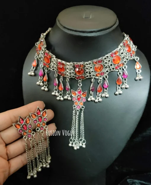 Glamaya Oxidized Afghan Choker Necklace Earring Set 6 GLAM-CN-OX-21F4-903027-35-7 Glamaya Oxidized Afghan Choker Necklace Earring Set 6 GLAM-CN-OX-21F4-903027-35-7