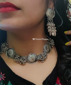 Glamaya Oxidized Silver Lookalike Ghungroo Choker Necklace Earring Set 2 GLAM-CN-OX-50-357595-82-2
