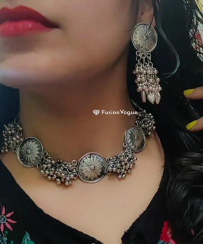 Glamaya Oxidized Silver Lookalike Ghungroo Choker Necklace Earring Set 2 GLAM-CN-OX-50-357595-82-2