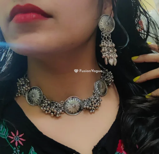 Glamaya Oxidized Silver Lookalike Ghungroo Choker Necklace Earring Set 2 GLAM-CN-OX-50-357595-82-2 Glamaya Oxidized Silver Lookalike Ghungroo Choker Necklace Earring Set 2 GLAM-CN-OX-50-357595-82-2