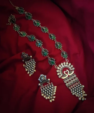 Glamaya Premium Quality Silver Lookalike Peacock Long Necklace Earring Set 1 GLAM-CN-OX-33-599630-60-5