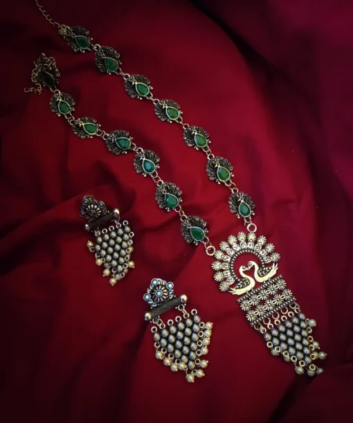 Glamaya Premium Quality Silver Lookalike Peacock Long Necklace Earring Set 1 GLAM-CN-OX-33-599630-60-5