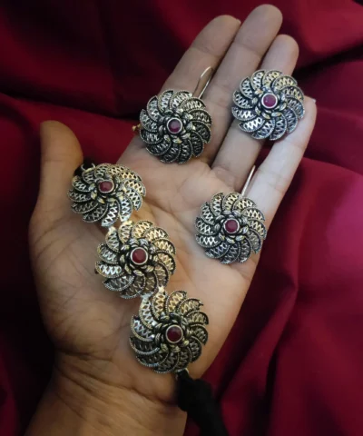 Glamaya Oxidized German Silver Choker Necklace Earring And Ring Combo Set 2 GLAM-CN-OX-25-027179-41-4