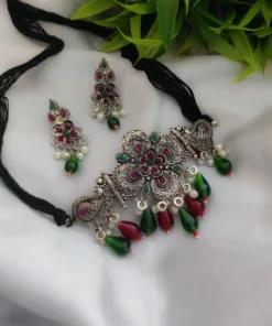 Glamaya Oxidized Red Green Choker Necklace Earring Set 1 GLAM-CN-OX-25-445297-41-4