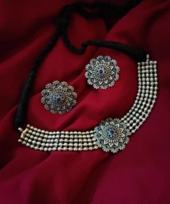 Glamaya Silver Lookalike Brass Oxidized Statement Choker Necklace Earring Set Blue 1 GLAM-CN-BR-110-336236-150-2