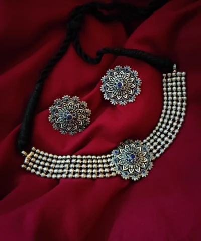Glamaya Silver Lookalike Brass Oxidized Statement Choker Necklace Earring Set Blue 1 GLAM-CN-BR-110-336236-150-2
