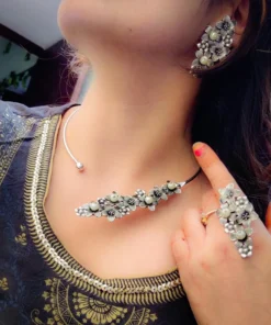 Glamaya Chic Oxidised Jewelry Set: Hasli Necklace, Earrings, Rings 3 GLAM-CN-OX-60-624264-89-2