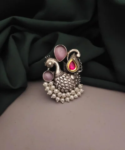 Glamaya Exquisite Peacock Monalisa Adjustable Ring - Indian Oxidised Jewelry 1 GLAM-RI-OX-14F4-638454-22-9