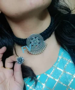 Glamaya Oxidized Thread Choker Necklace Earring Set 2 GLAM-CN-TH-40-723256-71-2