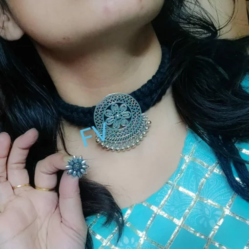 Glamaya Oxidized Thread Choker Necklace Earring Set 2 GLAM-CN-TH-40-723256-71-2 Glamaya Oxidized Thread Choker Necklace Earring Set 2 GLAM-CN-TH-40-723256-71-2