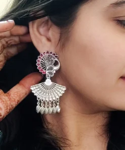 Glamaya Premium Silver Lookalike Peacock Earring Red 2 GLAM-ER-OX-10-940218-18-5
